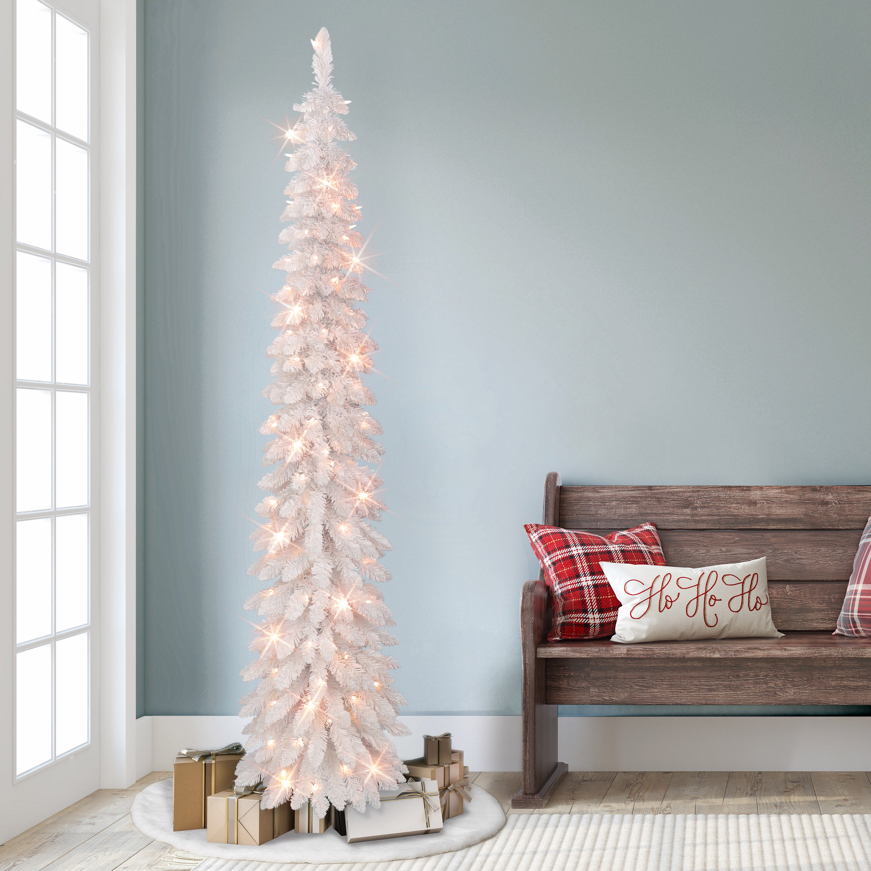 7ft Pre-Lit Flocked White Alpine Pencil Tree